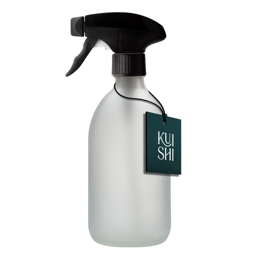 White frosted glass spray bottle with black trigger